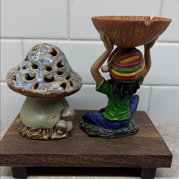 Vintage Ashtray and Mushroom Incense Holder on Wood tray platform. 9x6x7.5 in - Picture 2 of 7